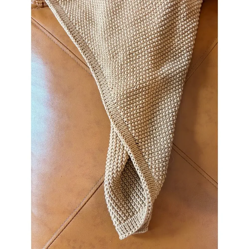 Vintage Chunky Knit Throw Blanket 62x54 Camel Tan Heavy Garter Knit Neutral
